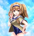  1girl blue_sky breasts clouds hairband i-26_(kantai_collection) kantai_collection large_breasts light_brown_hair long_hair name_tag old_school_swimsuit open_clothes open_mouth sailor_collar school_swimsuit short_sleeves sky smile solo swimsuit swimsuit_under_clothes tk8d32 two_side_up v 