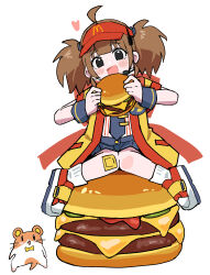  1girl :d ahoge badge bandaid bandaid_on_knee bandaid_on_leg black_shorts blush_stickers brown_hair burger button_badge commentary_request employee_uniform fast_food_uniform food full_body hat headset heart highres holding holding_burger holding_food imadake_dabuchi_tabemi imadake_dabuchi_tabesuke looking_at_viewer mcdonald's necktie open_happi open_mouth pinstripe_pattern pinstripe_shirt red_hat red_shoes shirt shoes shorts simple_background sitting smile socks solo striped_clothes tenten_(chan4545) tie_clip twintails velcro_footwear visor_cap white_background white_shirt white_socks wristband yellow_happi 