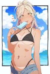  1girl absurdres bikini blonde_hair food high_ponytail highleg highleg_bikini highres licking mole mole_under_eye navel_piercing orange_eyes piercing ponytail popsicle short_shorts shorts swimsuit tan tanlines 