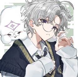  1boy antenna_hair artist_name black_necktie black_sweater_vest border closed_mouth collared_shirt diagonal-striped_clothes diagonal-striped_necktie egasumi glasses green_background green_eyes hair_between_eyes hashtag-only_commentary head_tilt heterochromia long_sleeves looking_at_viewer male_focus murakumo_kagetsu murakumo_kagetsu_(3rd_costume) necktie nijisanji official_alternate_costume or6_(goor6) outside_border parted_bangs round_eyewear school_uniform shirt short_hair sleeves_past_wrists solo striped_clothes striped_necktie sweater_vest twitter_username upper_body violet_eyes virtual_youtuber watermark white_border white_hair white_shirt wing_collar 