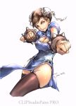 1girl 2016 alternate_legwear bracelet breasts brown_eyes brown_hair brown_legwear bun_cover china_dress chinese_clothes chun-li cleavage cleavage_cutout clenched_hands double_bun dress fighting_stance grin groin jewelry jon_tw looking_at_viewer pelvic_curtain signature smile solo spiked_bracelet spikes street_fighter thigh-highs 