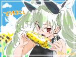  1girl anchovy black_shirt blue_sky collar commentary_request corn eating flower food girls_und_panzer green_hair hair_ribbon holding holding_food looking_at_viewer open_mouth red_eyes ribbon shirt sketch sky sleeveless solo sunflower torichamaru translation_request twintails twitter_username 