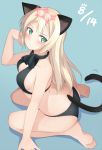  1girl animal_ears ass barefoot bikini black_bikini blonde_hair blue_background blush breasts cat_ears cat_tail cleavage collarbone commentary_request feet from_above green_eyes heinrike_prinzessin_zu_sayn-wittgenstein hirschgeweih_antennas long_hair looking_at_viewer mobu sitting soles solo strike_witches swimsuit tail toes wariza world_witches_series 