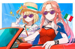  2girls absurdres blonde_hair blush breasts car collarbone convertible driving fur_trim hat heaven_burns_red highres irene_redmayne italian_flag maria_de_angelis motor_vehicle multiple_girls parted_bangs red_hair rinki_oohen short_hair sunglasses 