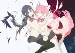  absurdres akemi_homura akuma_homura black_hair black_legwear dissolving_clothes feathered_wings goddess_madoka hair_ribbon hairband highres kaname_madoka kokoro6636 long_hair magical_girl mahou_shoujo_madoka_magica mahou_shoujo_madoka_magica_movie multiple_girls pantyhose pink_eyes pink_hair ribbon school_uniform short_twintails spoilers thigh-highs twintails two_side_up violet_eyes white_legwear wings wrist_grab 