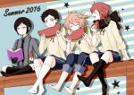  4boys atsushi_toushirou black_hair book brown_eyes brown_hair casual eating food fruit glasses gotou_toushirou green_eyes highres male_focus multiple_boys open_mouth redhead scarf shinano_toushirou short_hair shorts sitting smile sonei suspenders touken_ranbu violet_eyes watermelon yagen_toushirou 