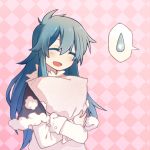  1girl alternate_hair_length alternate_hairstyle blouse blue_hair capelet checkered checkered_background closed_eyes colored_eyelashes doremy_sweet ko_kita long_hair open_mouth pillow pillow_hug pom_pom_(clothes) sidelocks spoken_sweatdrop sweatdrop touhou upper_body white_blouse 