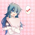  1girl :o alternate_hair_length alternate_hairstyle blouse blue_eyes blue_hair capelet checkered checkered_background closed_eyes colored_eyelashes doremy_sweet ko_kita long_hair open_mouth pillow pillow_hug pom_pom_(clothes) sidelocks sweatdrop tears touhou upper_body wavy_mouth white_blouse 