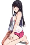  1girl bad_anatomy bad_feet bare_arms bare_shoulders barefoot black_hair blush breasts eyebrows eyebrows_visible_through_hair feet from_side full_body grey_eyes highres long_hair looking_at_viewer looking_to_the_side matsunaga_kouyou medium_breasts parted_lips pink_shorts poorly_drawn shirt shorts sideboob simple_background sleeveless sleeveless_shirt toes very_long_hair white_background white_shirt 