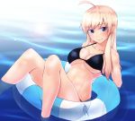  1girl afloat ahoge bikini black_bikini blonde_hair blue_eyes breasts floating hanna-justina_marseille innertube large_breasts liar_lawyer long_hair looking_at_viewer partially_submerged side-tie_bikini smile solo strap_gap strike_witches swimsuit under_boob water world_witches_series 