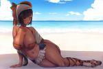  1girl bare_shoulders beach bherna_(armor) black_hair blue_eyes blue_sky blush breasts cleavage clouds dark_skin hat large_breasts looking_at_viewer lying midriff monster_hunter monster_hunter_x navel nemu_(nora) off_shoulder on_side outdoors sandals sky solo 