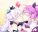  2girls ahoge aisha_(elsword) blush choker closed_eyes demon_power_(elsword) elsword eyebrows eyebrows_visible_through_hair hair_ribbon hat heart incipient_kiss lavender_hair long_hair luciela_r._sourcream multiple_girls open_mouth pinb pointy_ears profile purple_hair ribbon sweatdrop violet_eyes void_princess_(elsword) yuri 