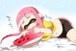  1girl bike_shorts blush closed_eyes domino_mask eromame hair_in_mouth inkling mask navel pink_hair pointy_ears saliva simple_background sleeping solo splatoon tentacle tentacle_hair zzz 