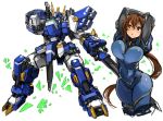  1girl arms_up bangs bodysuit breasts brown_hair copyright_request cropped_legs erect_nipples green_eyes hair_ornament large_breasts long_hair mecha pilot_suit ponytail sachito sidelocks simple_background solo thick_thighs thighs white_background 