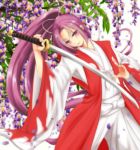  1girl blush cowboy_shot eyes_visible_through_hair flower hair_ribbon hand_up head_tilt holding holding_sword holding_weapon japanese_clothes katana lips long_ponytail long_sleeves looking_at_viewer meira petals purple_hair ranran_(iaotak) ribbon samurai shiny shiny_hair side_glance soft solo sword touhou touhou_(pc-98) tree_branch violet_eyes weapon white_background wide_sleeves wide_stance wisteria 