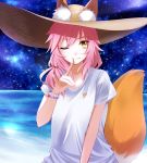  1girl animal_ears collarbone fate/extra fate/grand_order fate_(series) fox_ears fox_tail hat hazukimiki looking_at_viewer night night_sky ocean one_eye_closed pink_hair shirt sky solo star star_(sky) straw_hat sun_hat tail tamamo_(fate)_(all) tamamo_no_mae_(swimsuit_lancer)_(fate) white_shirt wink yellow_eyes 