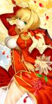  1girl aestus_estus ahoge blush breasts cleavage ells fate/extra fate_(series) flower green_eyes large_breasts petals rose rose_petals saber_extra solo thighs type-moon 