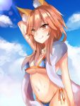  1girl animal_ears arms_behind_back bad_id bad_pixiv_id bikini blue_bikini blush breasts cleavage fate/extra fate/grand_order fate_(series) fox_ears fox_tail groin large_breasts navel pink_hair rekung solo swimsuit tail tamamo_(fate)_(all) tamamo_no_mae_(swimsuit_lancer)_(fate) tongue tongue_out yellow_eyes 