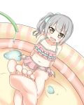  1girl barefoot blush child eyebrows eyebrows_visible_through_hair feet female hair_ornament hose kantai_collection long_hair navel new-yuikaori open_mouth pool shiny shiny_hair side_ponytail simple_background soles solo swimsuit toes water white_background 