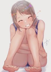  1girl bare_shoulders barefoot blue_eyes blue_one-piece_swimsuit brown_hair competition_swimsuit feet grey_hair highres hugging_own_legs love_live! love_live!_sunshine!! nose one-piece_swimsuit rainbow_gradient short_hair signature simple_background sitting solo sweat swimsuit thighs variant_set watanabe_you wavy_hair wet white_background 