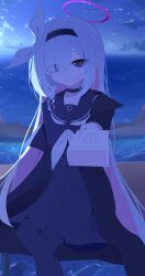  1girl absurdres black_coat black_eyes black_hairband black_pantyhose black_serafuku black_skirt blue_archive braid coat colored_inner_hair commentary envelope hair_over_one_eye hair_ribbon hairband halo heart highres holding holding_envelope long_hair long_sleeves looking_at_viewer miniskirt multicolored_hair open_clothes open_coat pantyhose parted_lips pink_hair plana_(blue_archive) red_halo ribbon sailor_collar school_uniform serafuku single_braid sitting skirt solo very_long_hair water white_hair white_ribbon zizhucan 