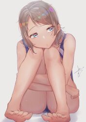  1girl bare_shoulders barefoot blue_eyes blue_one-piece_swimsuit brown_hair competition_swimsuit feet grey_hair highres hugging_own_legs love_live! love_live!_sunshine!! nose one-piece_swimsuit rainbow_gradient short_hair signature simple_background sitting solo sweat swimsuit thighs variant_set watanabe_you wavy_hair wet white_background 