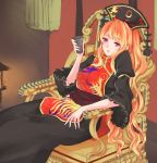  1girl black_dress chinese_clothes crescent cup dress hat holding holding_cup junko_(touhou) long_hair looking_at_viewer mayoln orange_hair parted_lips pink_eyes sash sitting solo tabard throne touhou very_long_hair wide_sleeves 