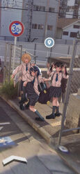  3girls absurdres aoki_ruri bag black_hair black_skirt black_socks blonde_hair blue_eyes blue_hair blue_necktie blush city closed_eyes closed_mouth gate google_maps hagiwara_yuka hands_up high_school_girls_posing_for_google_street_view_(meme) highres horns house kagura_(05410zura) kashiro_airi leg_up long_hair long_sleeves looking_at_viewer meme multicolored_hair multiple_girls necktie nervous_smile open_mouth pink_eyes pink_hair ruri_dragon school_bag school_uniform shirt shoes skirt smile socks twintails two-tone_hair v white_shirt 