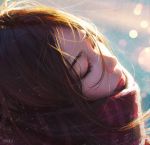  1girl artist_name bangs blurry bokeh brown_hair chromatic_aberration close-up closed_eyes depth_of_field face guweiz hair_over_eyes highres lips long_hair nose original realistic scarf solo sunlight swept_bangs text upper_body watermark 