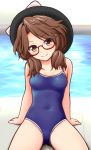  1girl alternate_costume arm_support black_hat blush bow breasts brown_eyes brown_hair competition_school_swimsuit covered_navel glasses hat hat_bow katou_kaiou looking_at_viewer low_twintails one-piece_swimsuit pool red-framed_eyewear semi-rimless_glasses short_hair small_breasts smile solo swimsuit touhou twintails under-rim_glasses usami_sumireko white_bow 
