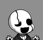  :3 chibi grey_background gyate_gyate hands lowres open_mouth ribbed_sweater simple_background smile solo sweater turtleneck undertale uneven_eyes upper_body w.d._gaster white_skin yaruky 