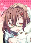  1girl absurdres admiral_(kantai_collection) bespectacled brown_hair buttons fang glasses hair_ornament hairclip hand_on_another&#039;s_head highres ikazuchi_(kantai_collection) kantai_collection miyao_ryuu open_mouth petting school_uniform serafuku short_hair 