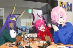  &gt;_&lt; 3girls absurdres animal_ears arts_shirt blue_hoodie buster_shirt dark-skinned_female dark_skin elizabeth_bathory_(fate) facepaint fate/grand_order fate_(series) fudayasa hair_over_one_eye hairband highres holding hood hoodie horns jackal_ears long_hair mash_kyrielight multiple_girls nitocris_(fate) ookubo_rumi pointy_ears purple_hair quick_shirt real_life_insert red_hair red_hoodie short_hair stuffed_animal stuffed_toy takahashi_rie tanaka_minami_(voice_actor) violet_eyes voice_actor_connection 