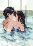  2girls arms_around_neck black_hair blush commentary_request eye_contact face-to-face fly_333 from_side hug incipient_kiss long_hair looking_at_another multiple_girls original pool profile short_hair standing swimsuit water wet yuri 