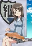  1girl brown_eyes brown_hair closed_mouth clouds girls_und_panzer ground_vehicle hanzou instrument kantele looking_at_viewer mika_(girls_und_panzer) military military_vehicle motor_vehicle open_eyes skirt smile striped striped_sweater sweater tank 