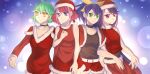  4girls :d ahoge belt blue_hair bow bracelet_girls choker christmas closed_eyes earrings fingerless_gloves gloves green_eyes green_hair hair_bow hiiragi_yuzu jacket jewelry kurosaki_ruri multicolored_hair multiple_girls necktie open_mouth pink_eyes pink_hair ponytail purple_hair rin_(yuu-gi-ou_arc-v) santa_costume santa_hat serena_(yuu-gi-ou_arc-v) short_twintails simple_background sleeveless twintails two-tone_hair white_background yellow_eyes yu-gi-oh! yu-gi-oh!_arc-v yume_(pixiv6303916) yuu-gi-ou yuu-gi-ou_arc-v zipper 