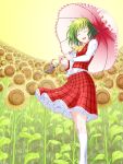  1girl akizawa_tenma ascot closed_eyes dress field fisheye flower flower_field green_hair highres kazami_yuuka kneehighs petticoat plaid plaid_skirt plaid_vest short_hair skirt skirt_set smile solo sunflower touhou umbrella white_legwear 