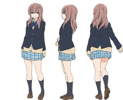  1girl black_legwear brown_eyes brown_hair concept_art kneehighs koe_no_katachi long_hair multiple_views nishimiya_shouko official_art plaid plaid_skirt pleated_skirt school_uniform shoes skirt 