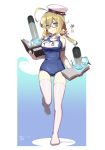  1girl ahoge arm_strap blonde_hair book bookmark breasts character_name dated glasses green_eyes holding holding_book i-8_(kantai_collection) kantai_collection long_hair low_twintails name_tag no_shoes open_book red-framed_eyewear school_swimsuit semi-rimless_glasses smile solo standing standing_on_one_leg swimsuit thigh-highs tonami_kanji torpedo twintails twitter_username under-rim_glasses white_legwear 