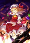  ascot blonde_hair blood blood_on_face chains crystal flandre_scarlet hat hat_ribbon highres mob_cap puffy_short_sleeves puffy_sleeves red_eyes red_ribbon red_skirt ribbon rin_falcon short_sleeves side_ponytail skirt skirt_set sword torn_clothes touhou weapon wings wiping_mouth wrist_cuffs 