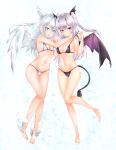 2girls angel angel_and_devil ankle_wings barefoot bikini blue_eyes blush breasts character_request demon_girl demon_wings frofrofrost full_body head_wings highres long_hair looking_at_viewer md5_mismatch multiple_girls navel open_mouth phantasy_star phantasy_star_online_2 pointy_ears red_eyes silver_hair standing swimsuit twintails two_side_up white_hair wings 