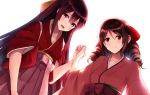  2girls akabane_rin blush bow bright_background brown_hair drill_hair gradient_hair hair_bow hakama harukaze_(kantai_collection) japanese_clothes kamikaze_(kantai_collection) kantai_collection kimono long_hair long_sleeves looking_at_viewer multicolored_hair multiple_girls open_mouth pink_hakama pink_kimono purple_hair red_bow red_eyes red_hakama smile twin_drills violet_eyes wide_sleeves 