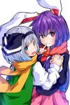  2girls animal_ears blue_eyes blush bow embarrassed finger_to_mouth hair_bow hands_clasped hands_together highres ishimu konpaku_youmu looking_at_viewer looking_back multiple_girls open_mouth purple_hair rabbit_ears red_eyes reisen_udongein_inaba scarf silver_hair touhou wavy_mouth winter_clothes yuri 