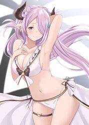  1girl alternate_costume alternate_hairstyle arm_behind_head armpits bikini blue_eyes breasts cleavage collarbone granblue_fantasy groin hair_over_one_eye hand_on_own_chest highres large_breasts lavender_hair long_hair maosame midriff narumeia_(granblue_fantasy) navel pointy_ears pose sideboob smile swimsuit thigh_strap thighs white_bikini 