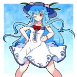  1girl ;) adapted_costume blue_hair blush breasts dress eruru_(erl) food fruit hand_on_hip hat highres hinanawi_tenshi long_hair medium_breasts one_eye_closed peach red_eyes smile solo sundress touhou very_long_hair wavy_hair 