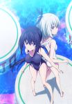  2girls back-to-back black_hair black_ribbon blue_eyes competition_swimsuit from_above hair_ribbon highres kaminashi_nozomi keijo!!!!!!!! long_hair miyata_sayaka multiple_girls one-piece_swimsuit ribbon short_hair silver_hair smile swimsuit water white_swimsuit 