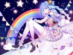  1girl bloomers blue_bow blue_eyes blue_hair bow confetti constellation dress frilled_dress frills hair_bow hands_on_own_knees hatsune_miku high_heels highres open_mouth orange_(vocaloid) petticoat rainbow reflection saegusa_(ainginging) short_dress sitting solo star string_of_flags thigh-highs underwear vocaloid white_legwear 