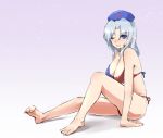  1girl adapted_costume bad_anatomy bad_hands barefoot bikini blue_eyes breasts cleavage depo_(typebaby505) hat large_breasts long_hair looking_at_viewer nurse_cap one_eye_closed open_mouth poorly_drawn silver_hair sitting sketch solo swimsuit touhou underwear underwear_only yagokoro_eirin 