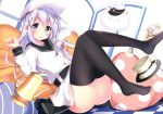  1girl absurdres ass belt black_legwear black_skirt blue_eyes blush chestnut_mouth cosplay gabao. gochuumon_wa_usagi_desu_ka? hair_ornament hairclip hat hibiki_(kantai_collection)_(cosplay) highres kafuu_chino kantai_collection long_hair looking_at_viewer no_shoes shirt silver_hair skirt solo thigh-highs tippy_(gochuumon_wa_usagi_desuka?) white_hat white_shirt 