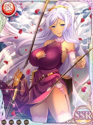  1girl arrow bare_shoulders bow_(weapon) breasts cleavage cleavage_cutout dark_skin detached_sleeves dress garter_belt garter_straps koihime_musou kougai large_breasts lavender_hair long_hair looking_at_viewer mole mole_under_mouth pelvic_curtain petals ponytail sidelocks single_glove sleeveless smile solo very_long_hair weapon 